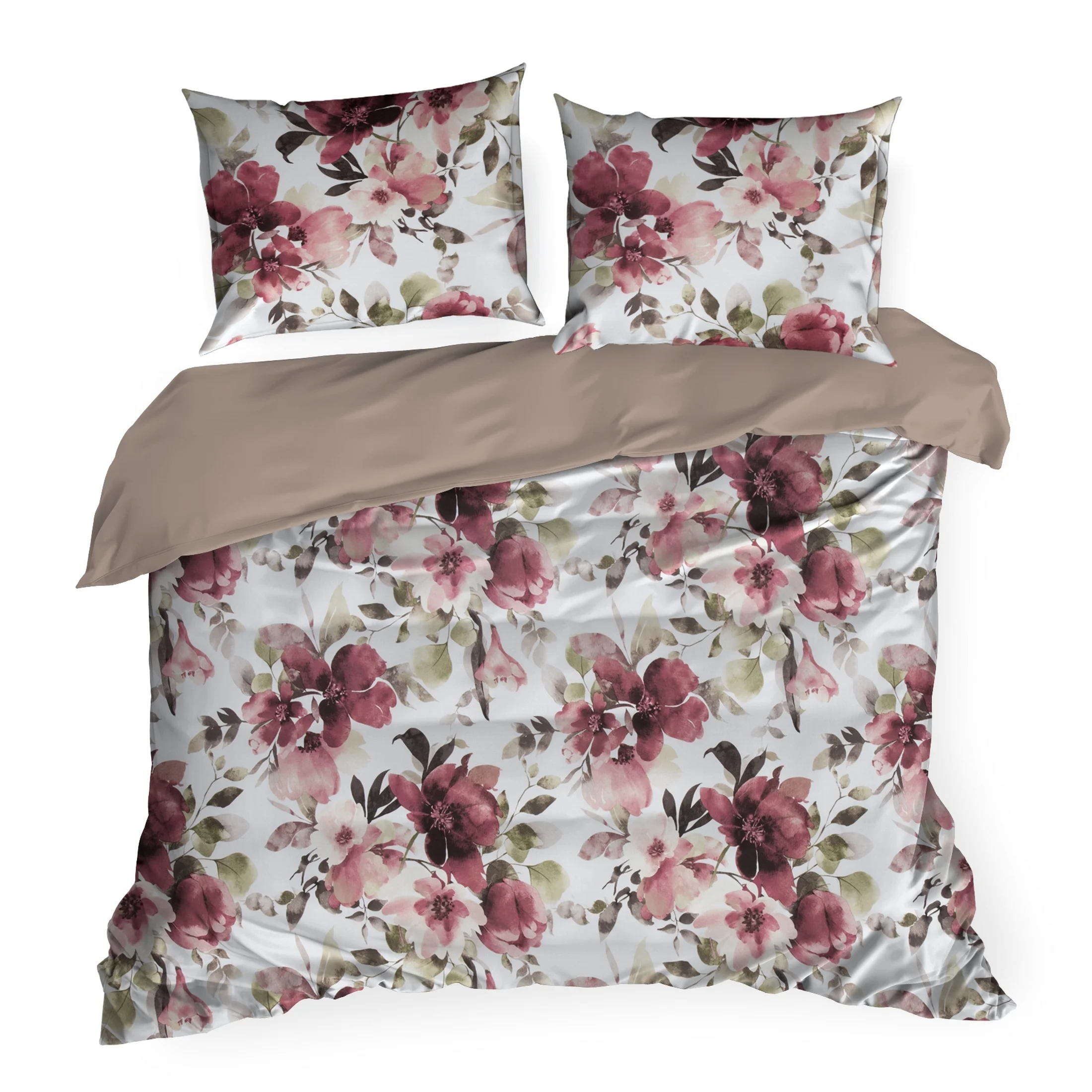 Pościel 220x200 cm z satyny bawełnianej kolor biało, bordowy z motywem kwiatów SPRING 74 Eurofirany