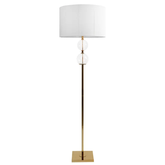 Lampa stojąca do pokoju biało, złota ARIANA na podstawie łączącej szkło metal i abażur z matowej nici 50 x 167 cm ARIANA  Eurofirany