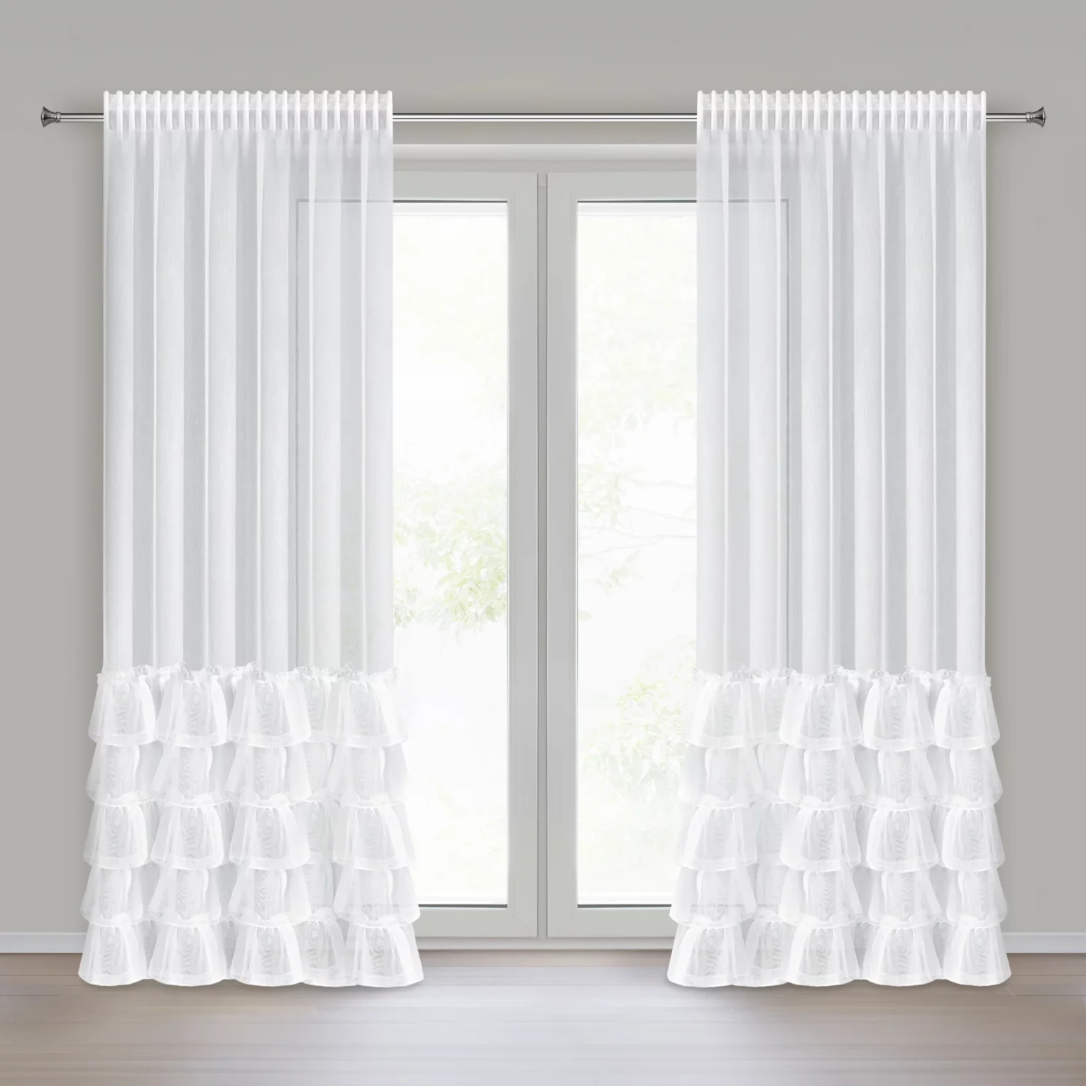 Firana biała z tkaniny aden z pięcioma falbanami 140x250 cm taśma CHARLOTTE 3 Eurofirany