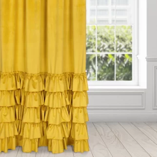 Zasłona musztardowa z welwetu zdobiona falbanami 140x250 cm taśma CHARLOTTE Eurofirany