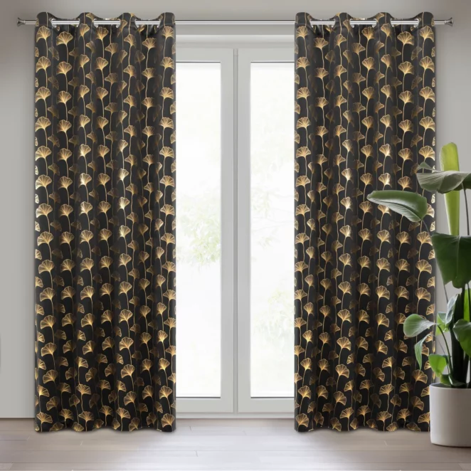 Zasłona czarno, złota w botaniczym stylu, zaciemniająca 135x250 cm przelotka CLARA Eurofirany