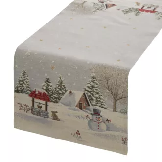Bieżnik na st&oacute;ł popielato, złocisty 45x140 cm gobelinowy z motywem zimowej wioski