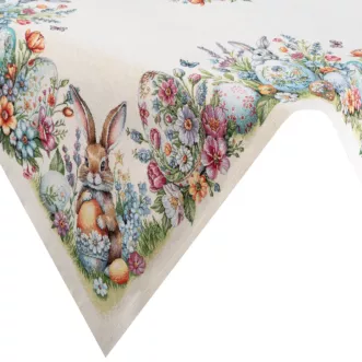 Wielkanocny obrus naturalno, niebieski 100x100 cm gobelinowy zdobiony tkanym motywem zajączka Eurofirany