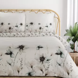 Pościel dwustronna 160x200 cm satyna bawełniana kolor biały, szarobeżowy z wzorem kwiatów Eurofirany Premium
