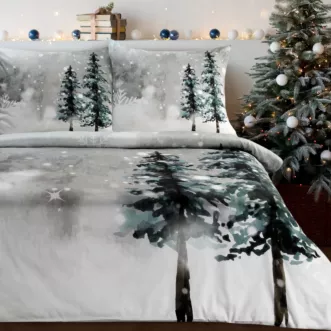 Pościel świąteczna 140x200 cm z satyny bawełnianej, kolor jasnoszary, biały zdobiona nadrukiem zimowego krajobrazu FOREST Eurofirany