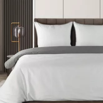 Pościel 220x200 cm komplet 3 częściowy z makosatyny bawełnianej kolor biały, stalowy dwustronna z sznurem dekoracyjnym na brzegach Eurofirany Premium