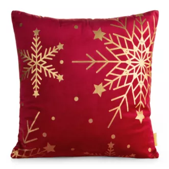 Poszewka na poduszkę świąteczna 45x45 cm  welwetowa czerwona z uroczek nadrukiem szampańskich śnieżynek Eurofirany