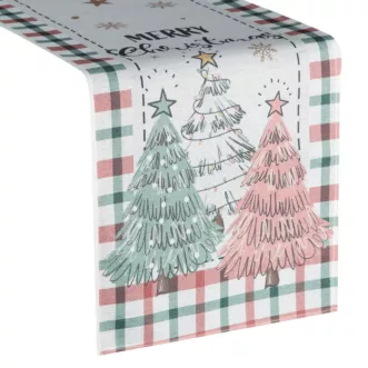 Bieżnik świąteczny na st&oacute;ł 33x183 cm kremowo, zielony zdobiony uroczym nadrukiem Eurofirany