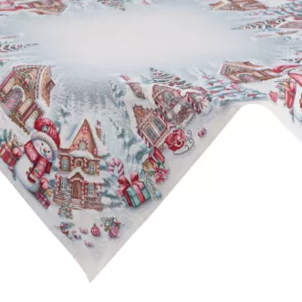 Świąteczny obrus popielato, czerwony 100x100 cm gobelinowy zdobiony tkanym wzorem chatki świętego Mikołaja Eurofirany