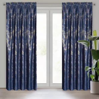 Zasłona granatowo, złota z efektem błyszczącej przecierki z welwetu 140x270 cm na taśmie KORNELIA Eurofirany