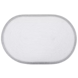 Podkładka owalna na stół biała 30 x 45 cm TIRANA strukturalna przetykana srebrną nicią z ozdobną lamówką