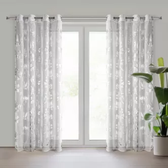 Firana biało, srebrna z etaminy zdobiona nadrukiem roślinnym 140x250 cm przelotki - DELIA Eurofirany