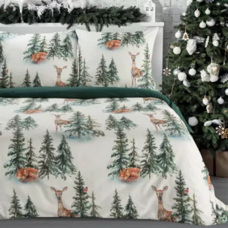 Pościel świąteczna 220x200 cm bawełna ranforce kolor biały, zielony z nadrukiem zimowego lasu DEER Eurofirany