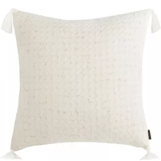 Poszewka na poduszkę 60x60 cm z żakardowej tkaniny przetykanej złotą nicią z ozdobnymi chwostami na rogach kremowa SEVILLE TERRA COLLECTION Eurofirany