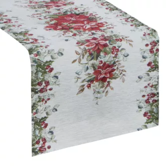 Świąteczny bieżnik kolor naturalno, zielony 45x140 cm z szenilowej tkaniny zdobiony świątecznym motywem Eurofirany