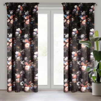 Zasłona czarno, r&oacute;żowa zdobiona nadrukiem roślinnym z welwetu 140x270 cm taśma KAREN Eurofirany