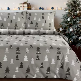 Pościel świąteczna 220x200 cm z bawełny flanelowej, kolor stalowy, biały z nadrukiem drobnych choinek LENON Eurofirany