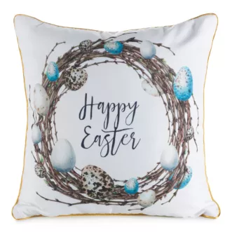 Poszewka na poduszkę 45x45 cm wielkanocna z elegancką lamówką biało, brązowa WIOSNA 51 Eurofirany