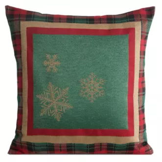 Poszewka na poduszkę 45x45 cm bawełniana, gobelinowa z motywem kraty i złotych śnieżynek zielona STAR Eurofirany