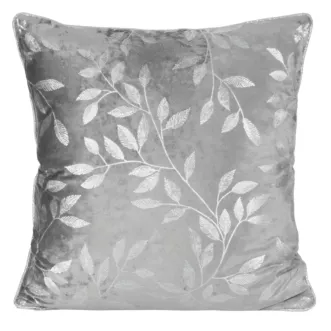 Poszewka na poduszkę 45x45 cm welwetowa z błyszczącym metalicznym nadrukiem liści pudrowo stalowa VELVET 71 EUROFIRANY PREMIUM