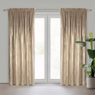 Zasłona beżowo, szampańska zdobiona błyszczącym przecieranym wzorem z welwetu 140x270 cm taśma RENIA Eurofirany