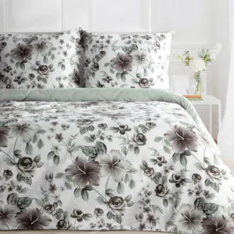 Pościel 140x200 cm komplet 2 częściowy z satyny bawełnianej kolor biało, stalowy z motywem kwiatów SPRING 67 Eurofirany