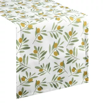 Bieżnik na stół plamoodporny 40x140 cm biało, zielony z motywem oliwek - ERIN Eurofirany