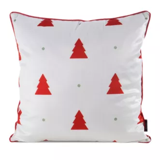 Poszewka na poduszkę świąteczna 45x45 cm biało, czerwona zdobiona nadrukiem choinek i elegancką wypustką Eurofirany