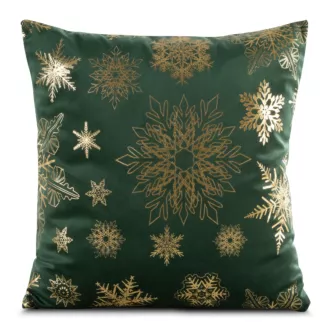 Poszewka na poduszkę 45x45 cm welwetowa zdobiona śnieżynkami zielono, złota JOY Eurofirany