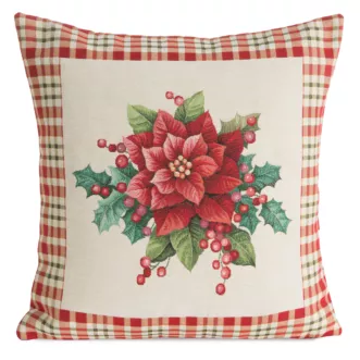 Poszewka na poduszkę 45x45 cm bawełniana, gobelinowa z mieszanki wł&oacute;kien zdobiona motywem gwiazdy betlejemskiej naturalno, czerwona GOB Eurofirany