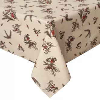 Obrus świąteczny 145x300 cm beżowo, brązowy bawełniany zdobiony zimowym nadrukiem MELODY Eurofirany