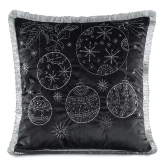 Poszewka na poduszkę 45x45 cm z haftowanym świątecznym motywem z frędzlami na brzegach czarno, srebrna Eurofirany