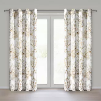 Zasłona beżowo, złota zaciemniająca z roślinnym nadrukiem i błyszczącymi akcentami 140x250 cm przelotki - OLENI Eurofirany