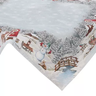 Obrus srebrny 100x100 cm gobelinowy przetykany metaliczną nicią z wzorem zimowego miasteczka