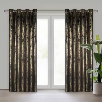 Zasłona czarno, złota zdobiona błyszczącym przecieranym wzorem z welwetu 140x250 cm przelotka RENIA Eurofirany