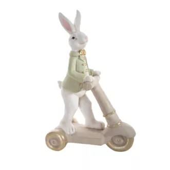 Wielkanocna figurka dekoracyjna uroczego zajączka na hulajnodze w miętowo, beżowej kolorystyce Eurofirany