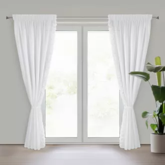 Komplet 2 szt. firan białych z szyfonu zdobiona pasem 3D r&oacute;ż, troczek w zestawie 140x270 cm taśma - ROSES Eva Minge Eurofirany