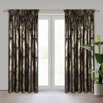 Zasłona czarno, złota zdobiona błyszczącym przecieranym wzorem z welwetu 140x270 cm taśma RENIA  Eurofirany