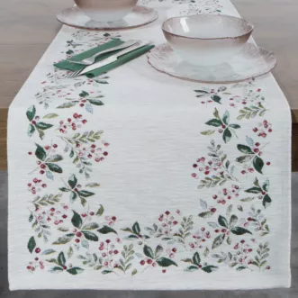 Świąteczny bieżnik kolor naturalno, zielony 40x100 cm szenilowy tkany motywem świątecznym Eurofirany