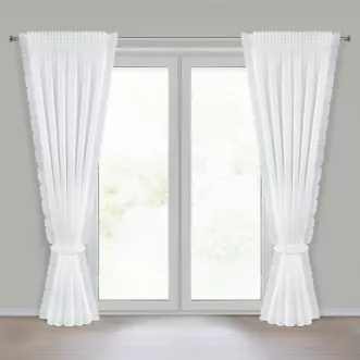 Firana biała z etaminy zdobiona po bokach falbanami podkreślona lśniącymi kryształkami w zestawie ozdobny troczek 140x270 taśma KATHY Eurofirany