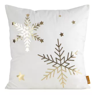 Poszewka na poduszkę świąteczna 45x45 cm welwetowa biała zdobiona nadrukiem szampańskich śnieżynek Eurofirany