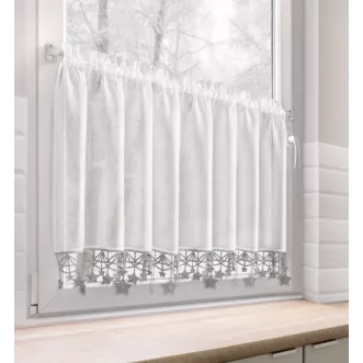 Zazdrostka świąteczna biało, srebrna z etaminy zdobiona luźno zwisającymi gwiazdkami 150x60 cm tunel - XMAS Eurofirany