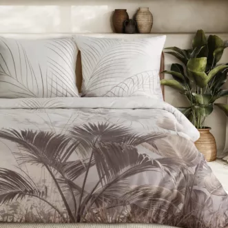 Pościel 160x200 cm satyna bawełniana kolor kremowy, ciemnobeżowy z motywem botanicznym Eurofirany Premium