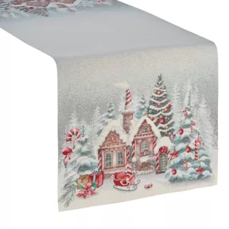 Świąteczny bieżnik popielato, czerwony 45x140 cm gobelinowy zdobiony tkanym wzorem chatki świętego Mikołaja Eurofirany