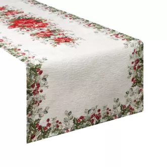 Świąteczny bieżnik kolor naturalno, zielony 45x140 cm z szenilowej tkaniny zdobiony świątecznym motywem Eurofirany