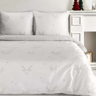 Pościel świąteczna 140x200 cm satyna bawełniana kolor biały, beżowy zdobiona nadrukiem subtelnych renifer&oacute;w BOSQUE Eurofirany