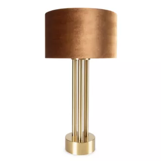 Lampa stołowa brązowo, złota PERI o minimalistycznej podstawie i welwetowym abażurem Eurofirany