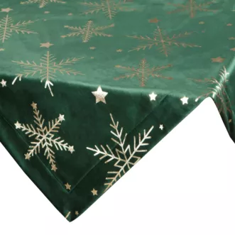 Obrus świąteczny 85x85 cm ciemnozielony, szampański welwetowy zdobiony błyszczącym nadrukiem Eurofirany