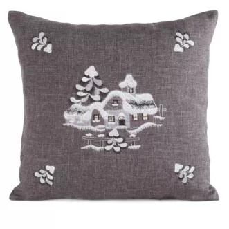 Poszewka na poduszkę świąteczna 45x45 cm stalowo, srebrna o naturalnym splocie z haftowaną aplikacją Eurofirany