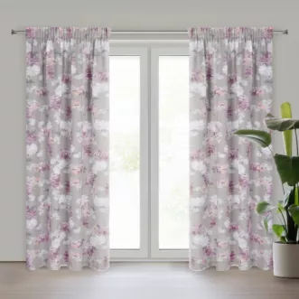 Zasłona srebrna w r&oacute;żowe kwiaty z etaminy 140x300 cm taśma SHERRY Eurofirany
